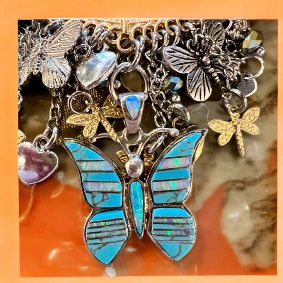 Vintage Turquoise, mother of pearl and abalone Butterfly charm necklace - Picture 1 of 17